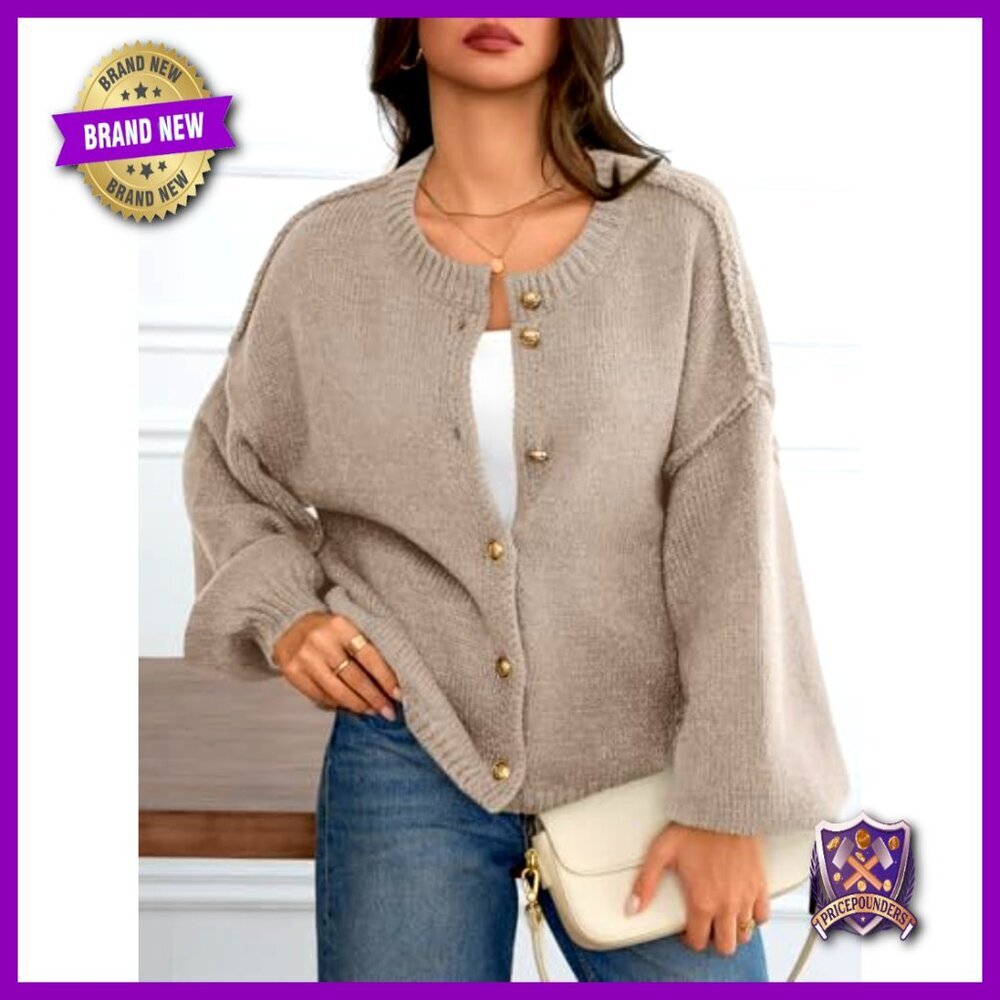 Oversized Chunky Knit Cardigan, Lantern Sleeves, Button Front, Fall Winter - Picture 3 of 7